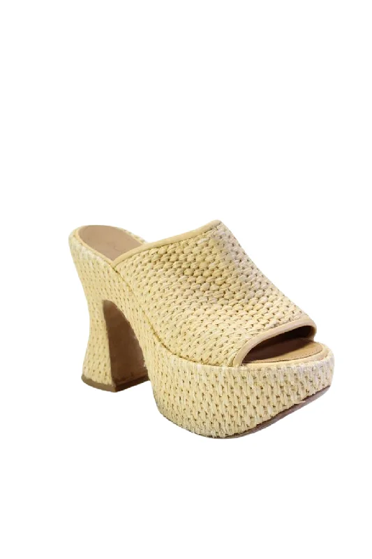 Women's party stiletto heel pumps with a glittery finishLoewe Womens Raffia Woven Open Toe Platform High Spool Heels Beige