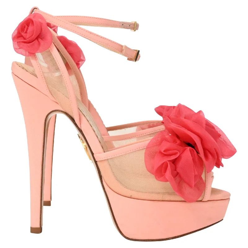 Women's royal blue stiletto heel pumps for a formal eventCharlotte Olympia Fleur Ankle-Wrap Platform Sandals in Pink Satin