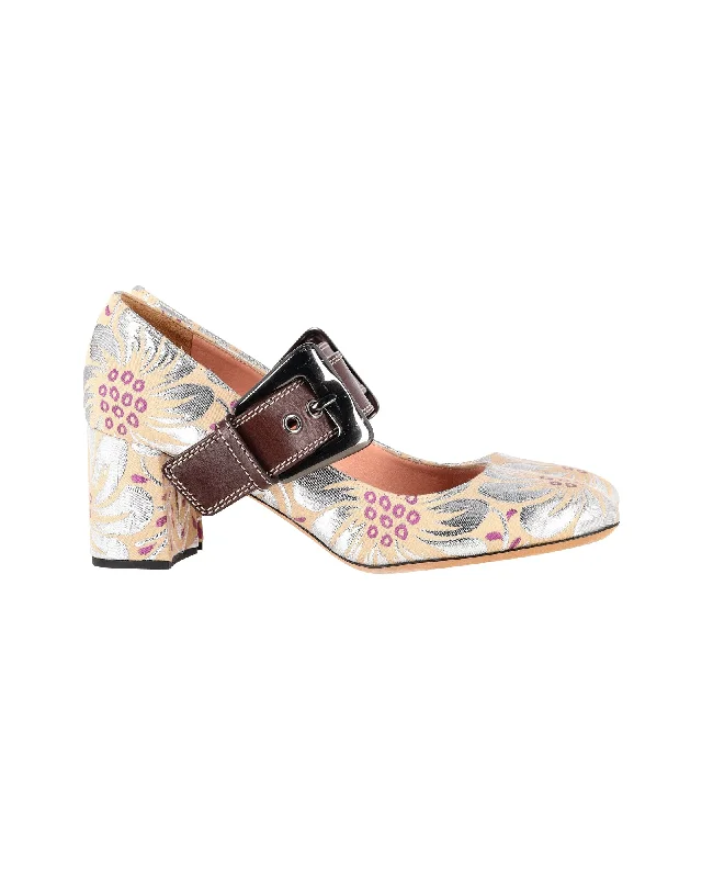 Women's office - appropriate stiletto heel pumps with a low - heel optionRochas Floral Brocade Mary Jane Pumps in Multicolor Silk