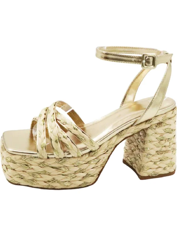 Women's metallic leather stiletto heel pumps with a reflective surfaceWomen's Metallic Raffia Heels In Gold