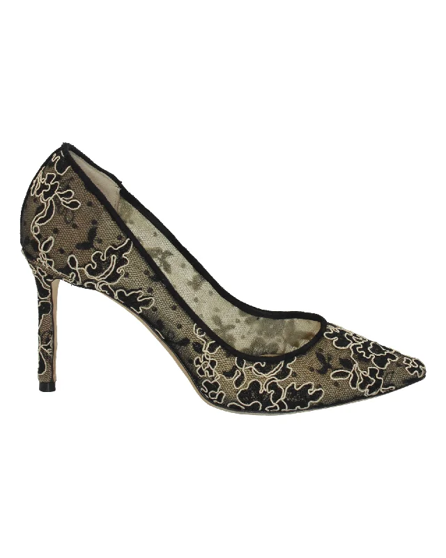 Women's forest green stiletto heel pumps for a nature - inspired lookJimmy Choo Romy Pointed Toe Pumps in Black Floral Corded Lace