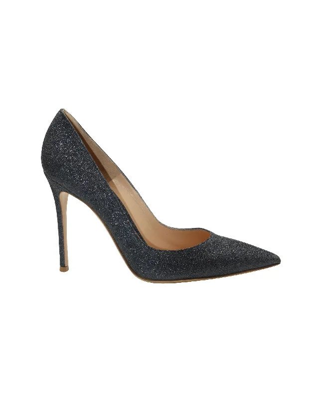 Women's party stiletto heel pumps with a glittery finishGianvito Rossi Gianvito 105 Glitter Pumps in Blue Grey Leather