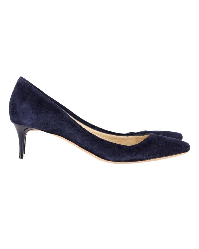 Women's cocktail party stiletto heel pumps with a unique patternJimmy Choo Mid Heel Pumps in Navy Blue Suede