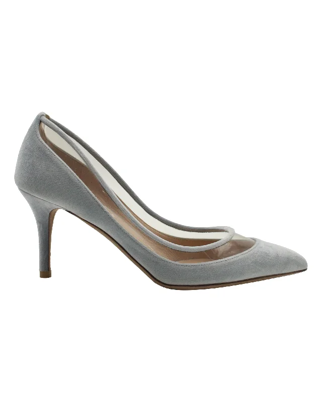 Women's forest green stiletto heel pumps for a nature - inspired lookValentino Celeste Pumps in Light Blue Velvet