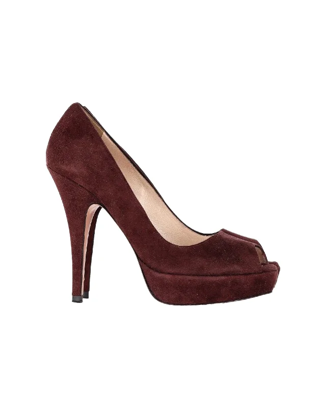 Women's water - resistant stiletto heel pumps for unexpected situationsPrada Peep-Toe Platform Pumps in Brown Suede