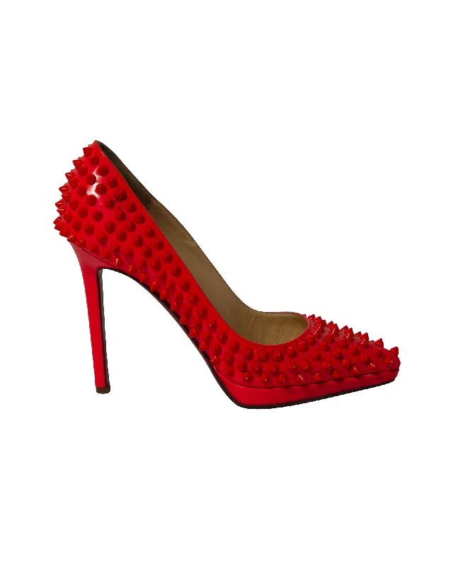 Women's bronze stiletto heel pumps for a warm and metallic lookChristian Louboutin Pigalle Plato 120 Spiked Heels in Neon Red Patent Leather