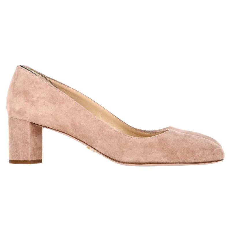 Women's non - slip stiletto heel pumps for safety on slippery floorsPrada Round Toe Pumps in Nude Suede