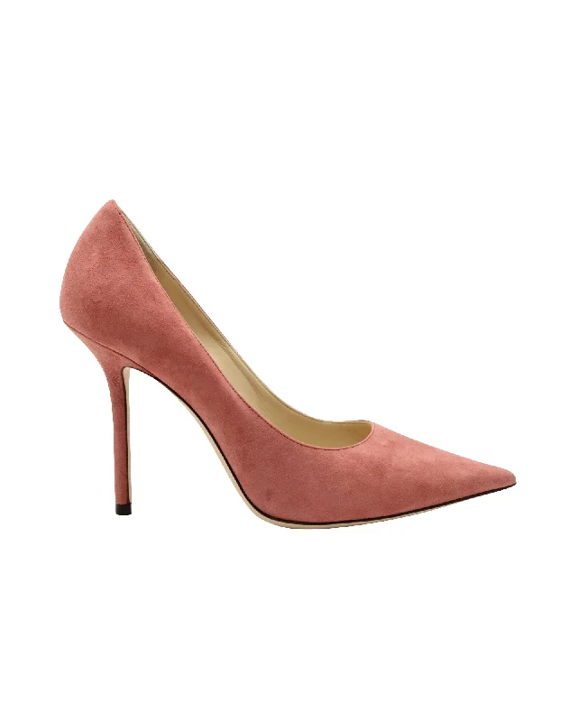 Women's cocktail party stiletto heel pumps with a unique patternJimmy Choo Love Pumps in Pink Suede