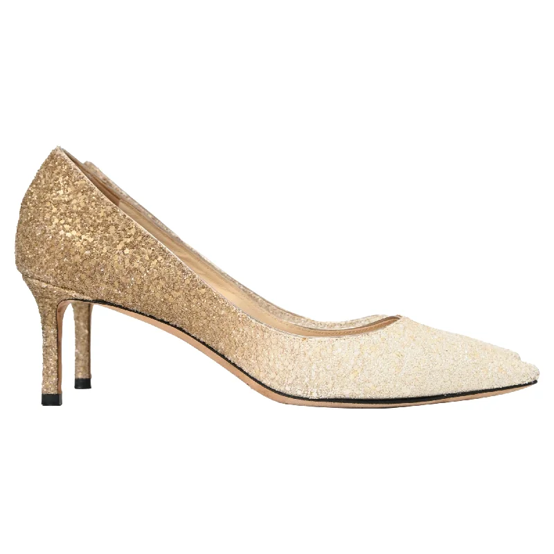 Women's padded - insole stiletto heel pumps for added comfortJimmy Choo Pointed Toe Pumps in Gold Glitter