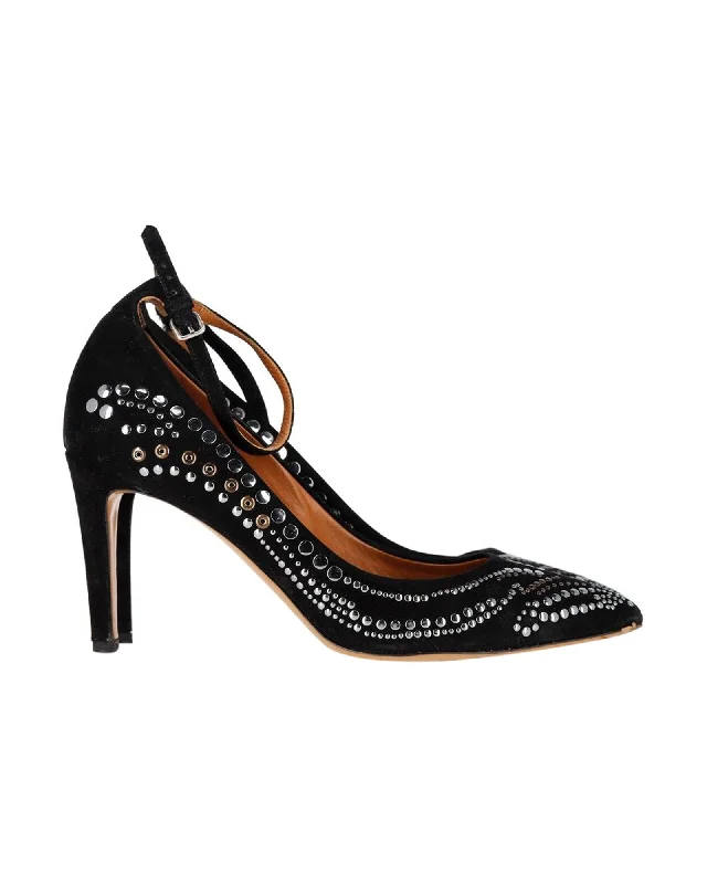 Women's hypoallergenic stiletto heel pumps for sensitive skinIsabel Marant Studded Ankle Strap Pumps in Black Suede