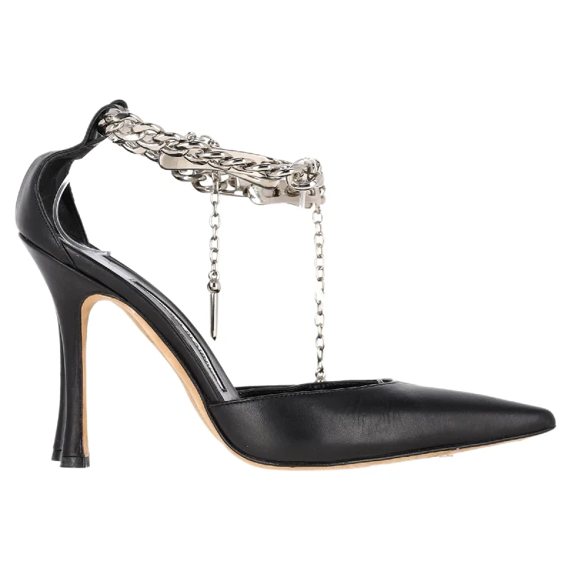 Women's charcoal gray stiletto heel pumps for a neutral yet stylish optionManolo Blahnik Ankle Strap Taislao Pumps in Black Leather