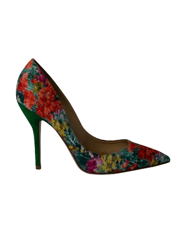 Women's peach stiletto heel pumps for a soft and feminine appealPaul Andrew Shakti Pumps in Floral Print Silk and Suede