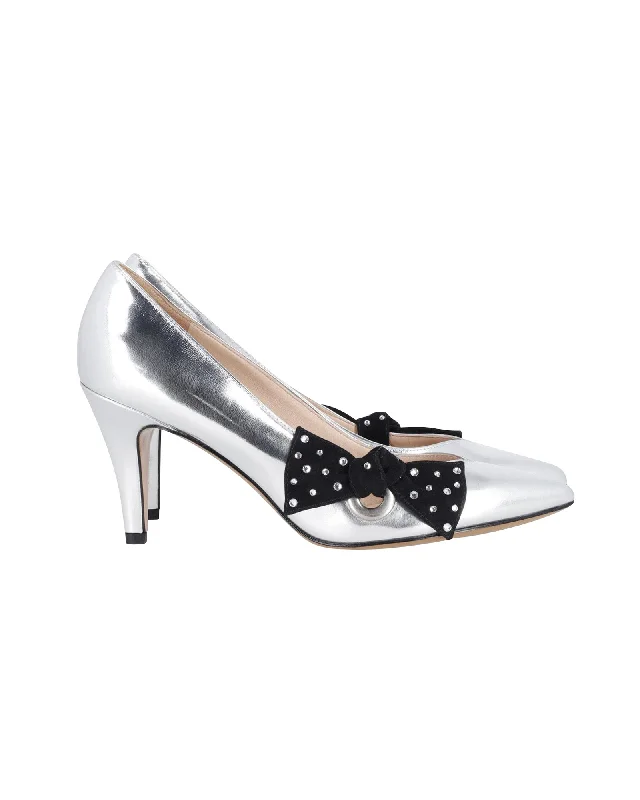 Women's stretchy stiletto heel pumps for easy on and offMarc Jacobs Bow Embellished Pumps in Metallic Silver Leather