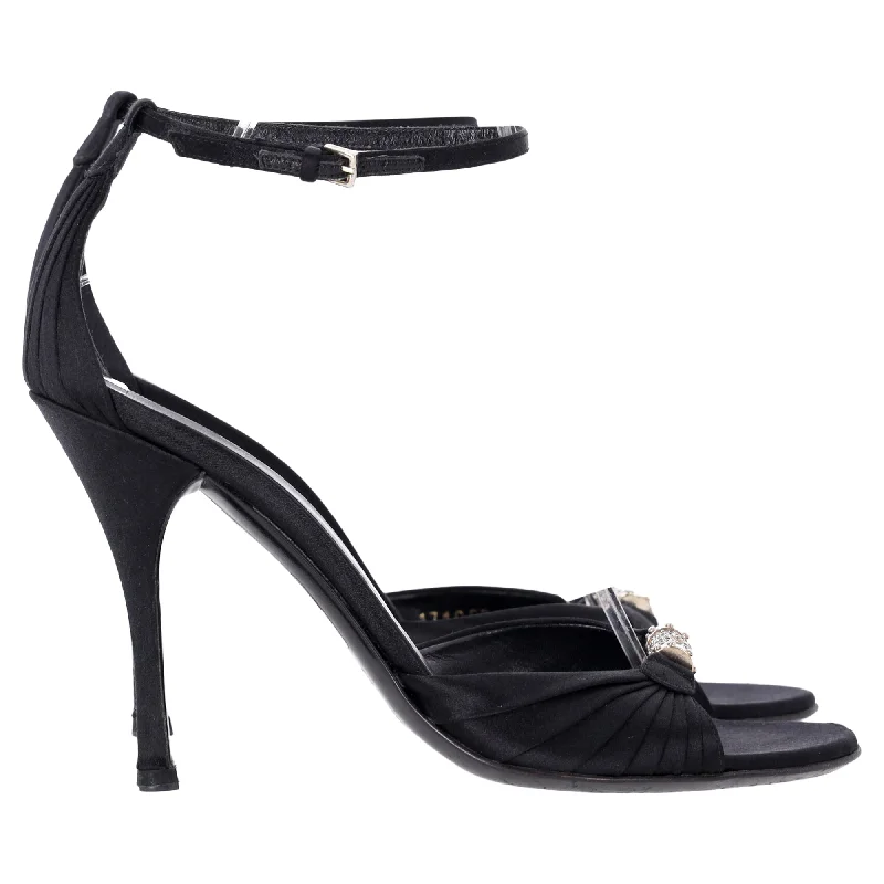 Women's brocade stiletto heel pumps with a vintage feelGucci Crystal-Embellished Open-Toe Sandal Heels in Black Satin