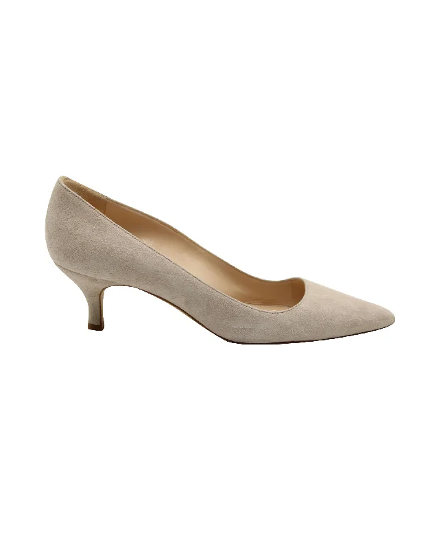 Women's platform stiletto heel pumps with a chunky soleManolo Blahnik Kitten Heel Pumps in Grey Suede