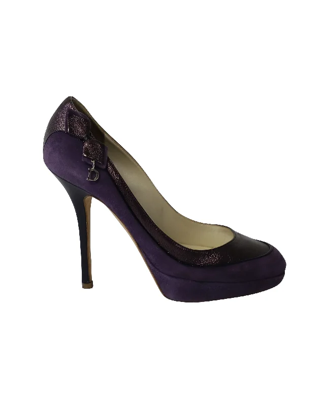 Women's mule - style stiletto heel pumps with a bow accentDior High Heel Metallic Pumps in Purple Suede