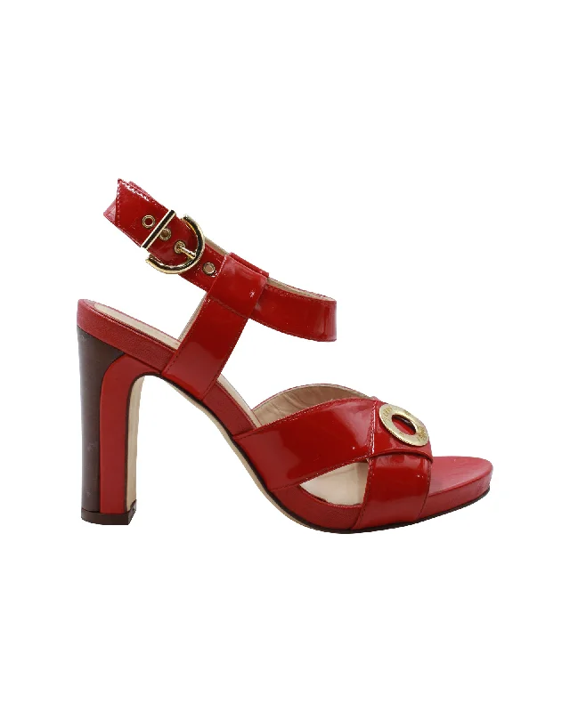 Women's mustard yellow stiletto heel pumps for a trendy pop of colorFendi Ankle Strap High Heel Sandals in Red Patent Leather