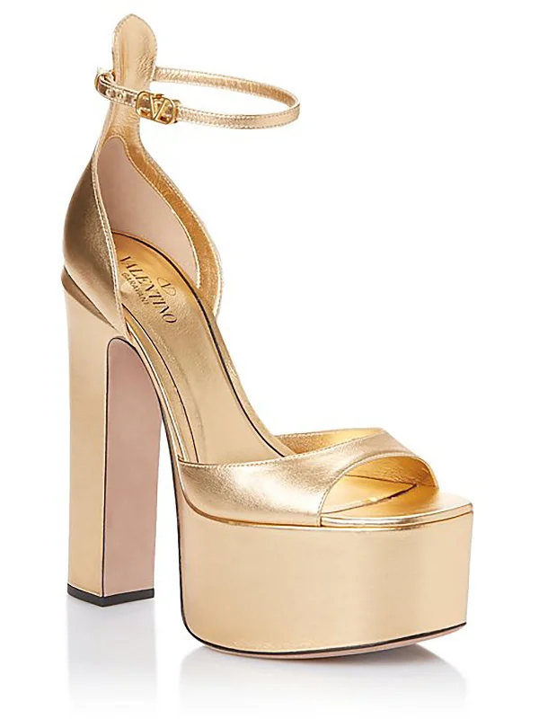 Women's metallic leather stiletto heel pumps with a reflective surfaceWomens Leather Open Toe Platform Heels