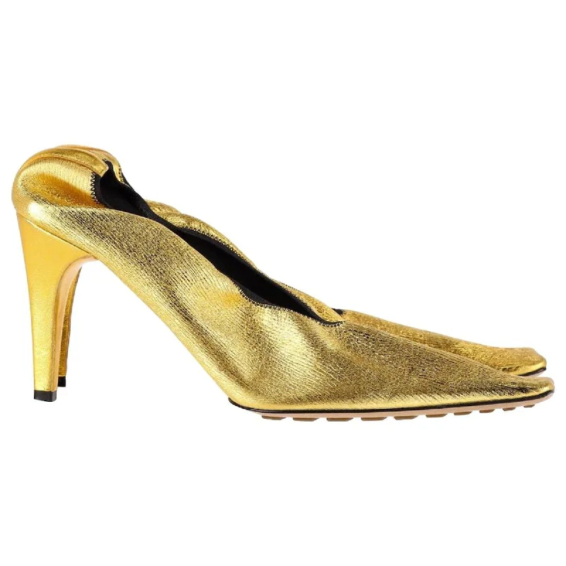 Women's wedding stiletto heel pumps with a pearl - encrusted strapBottega Veneta Sharpei Metallic Square-Toe Pumps In Gold Leather