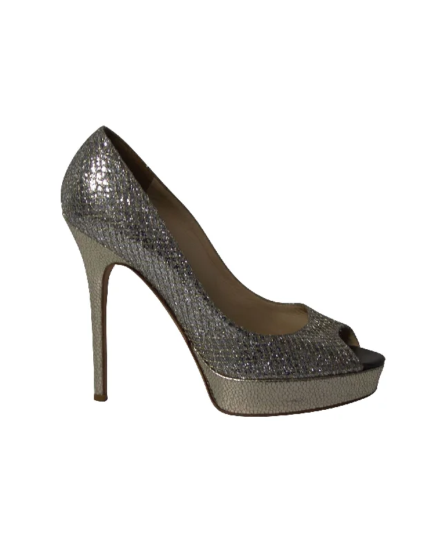 Women's prom stiletto heel pumps in a shimmery fabricJimmy Choo Dahlia Platform Peep Toe Pumps in Silver Glitter