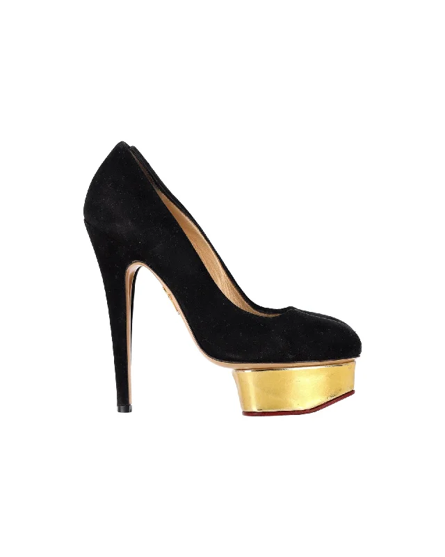 Women's hot pink stiletto heel pumps for a fun night outCharlotte Olympia Dolly Platform Pumps in Black Suede