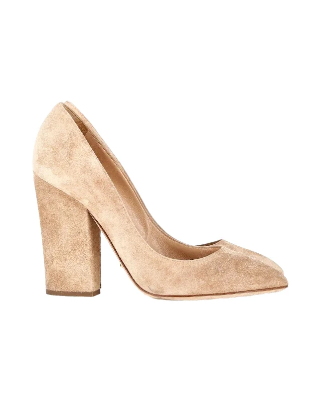 Women's metallic leather stiletto heel pumps with a reflective surfaceSergio Rossi Scarlett Block-Heel Pumps in Beige Suede