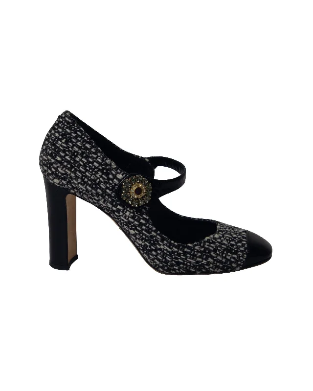 Women's wedding stiletto heel pumps with a pearl - encrusted strapDolce & Gabbana Tweed Mary Jane Court Shoes in Black Cotton