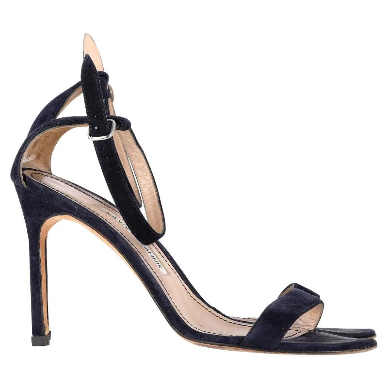 Women's business meeting stiletto heel pumps with a professional lookManolo Blahnik Chaos Ankle Strap Sandals in Navy Blue Suede