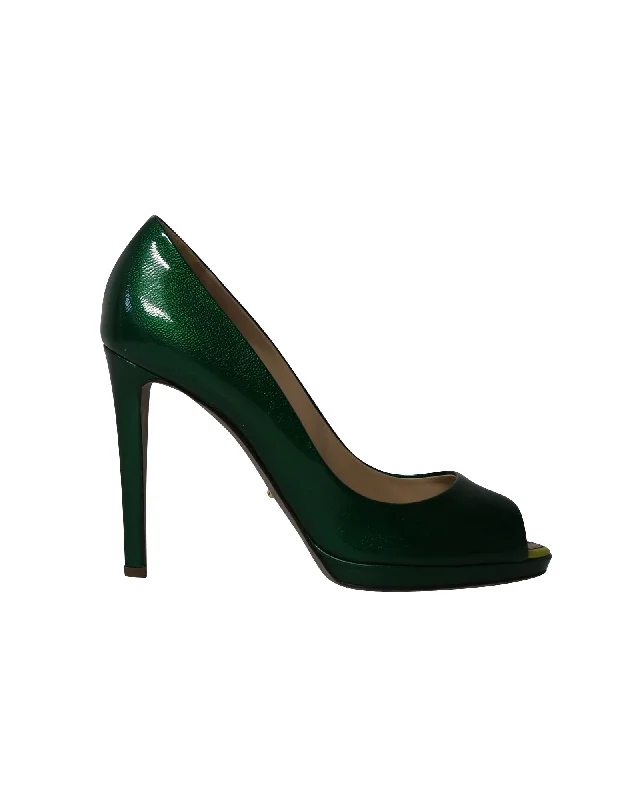 Women's ruffled stiletto heel pumps for a romantic styleSergio Rossi Peep Toe Pumps in Green Patent Leather