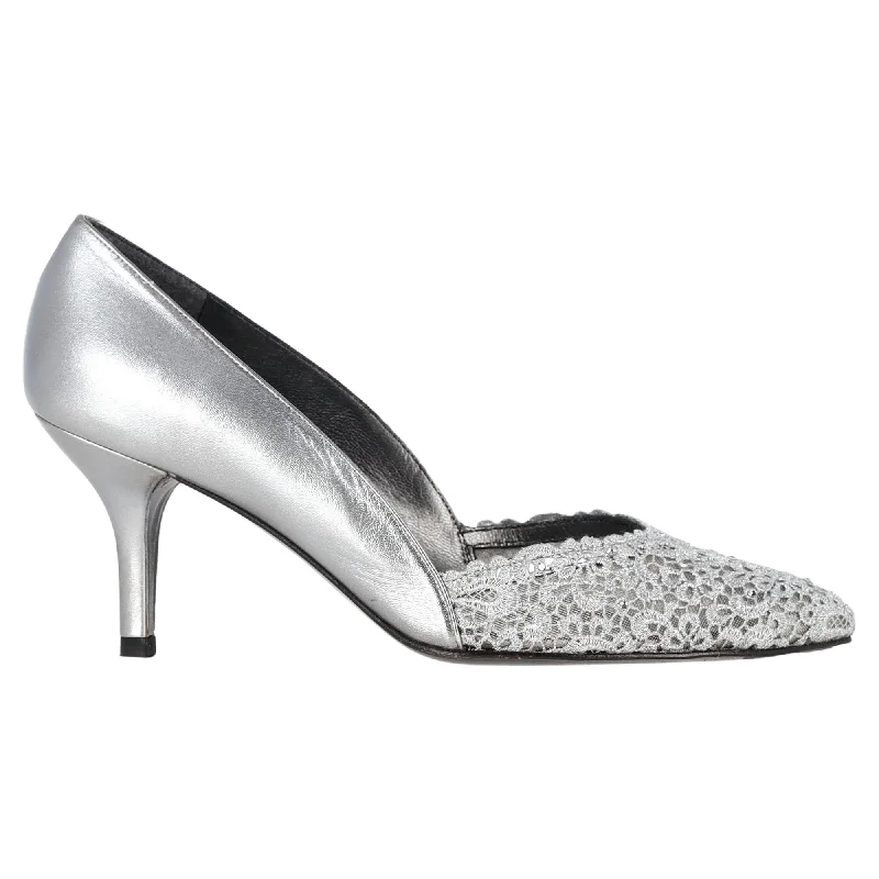 Women's non - slip stiletto heel pumps for safety on slippery floorsStuart Weitzman Chantelle Lace Toe Pumps in Silver Leather