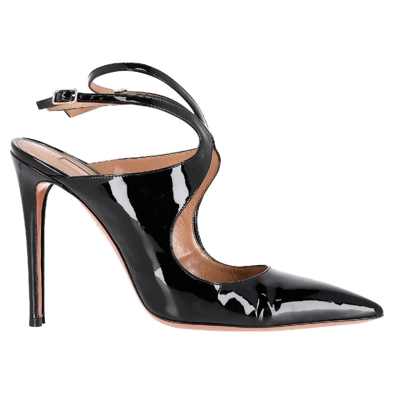 Women's ankle - strap stiletto heel pumps with a cut - out detailAquazzura Talana Slingback 105 Pumps in Black Patent Leather