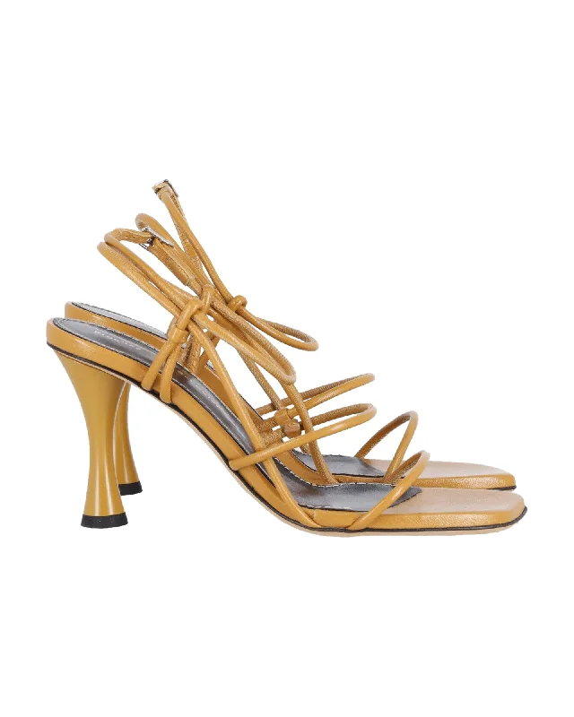 Women's cocktail party stiletto heel pumps with a unique patternProenza Schouler Square Strappy Sandals in Brown Leather