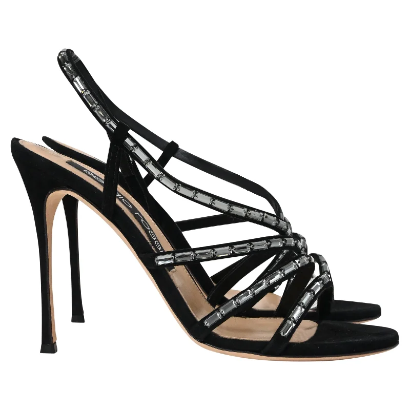 Women's forest green stiletto heel pumps for a nature - inspired lookSergio Rossi Embellished Slingback Sandal Heels in Black Suede