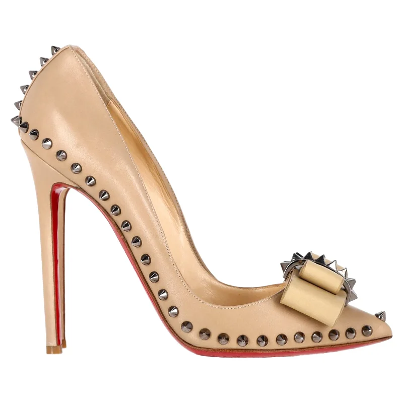 Women's mesh - paneled stiletto heel pumps for breathabilityChristian Louboutin Lucifer 120 Spiked Pumps in Nude Leather