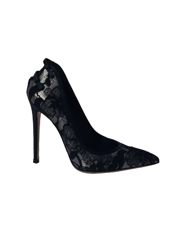 Women's strappy open - toe stiletto heel pumps with rhinestonesGianvito Rossi Satin and Lace Pointed Toe Pumps in Black Cotton