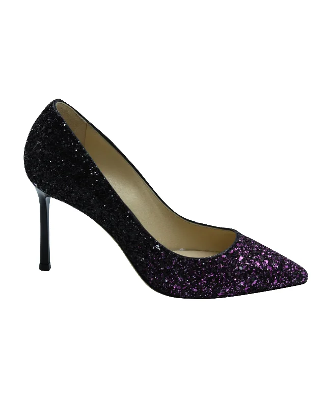 Women's red - carpet stiletto heel pumps for a glamorous eventJimmy Choo Romy 100 Pumps in Pink and Black Glitter