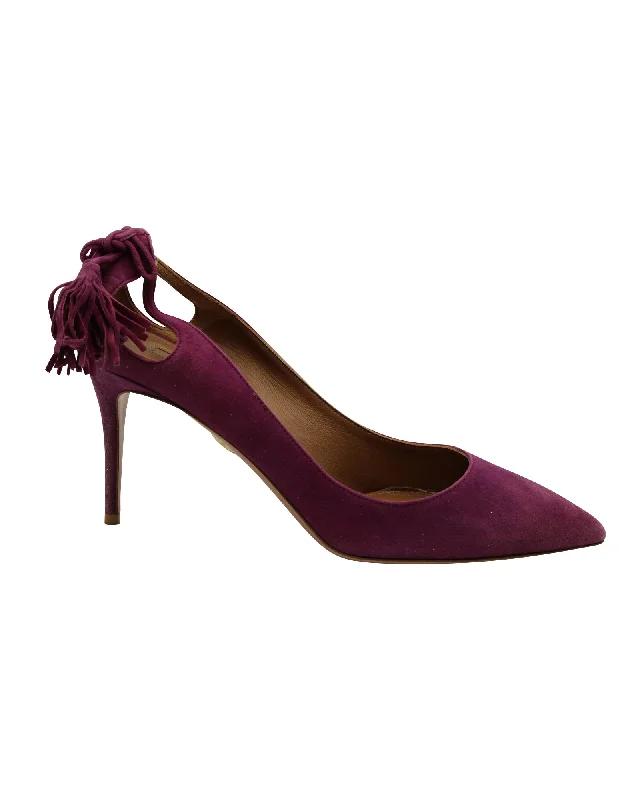 Women's strappy open - toe stiletto heel pumps with rhinestonesAquazzura Forever Marilyn Tassel Pumps in Purple Suede