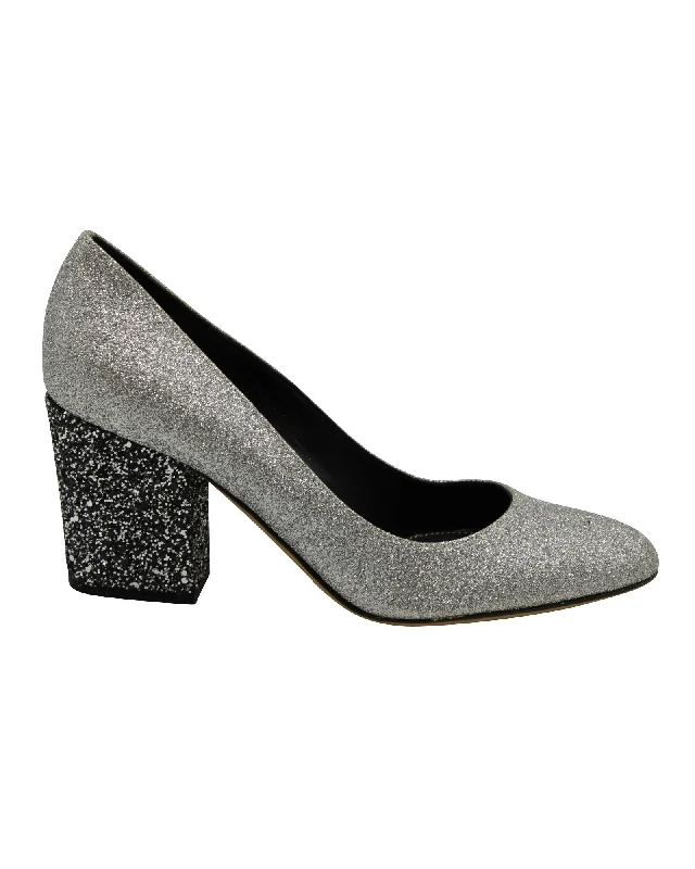 Women's brocade stiletto heel pumps with a vintage feelSergio Rossi Glitter Pumps in Silver Leather