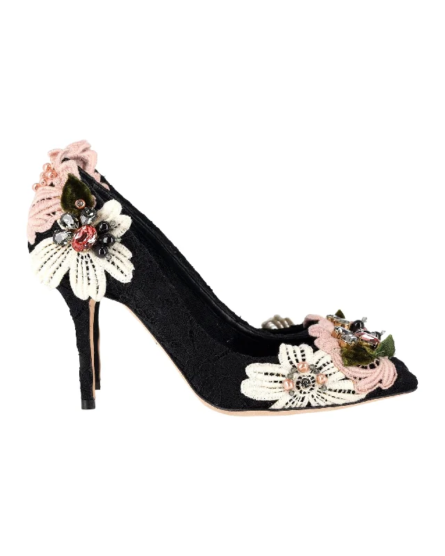 Women's mustard yellow stiletto heel pumps for a trendy pop of colorDolce & Gabbana Floral Embroidered Lace Pumps in Black Cotton