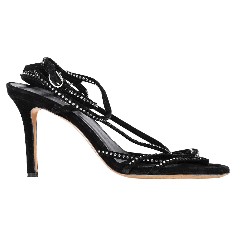 Women's breathable stiletto heel pumps for warm weatherIsabel Marant Embellished Strappy Heels in Black Suede