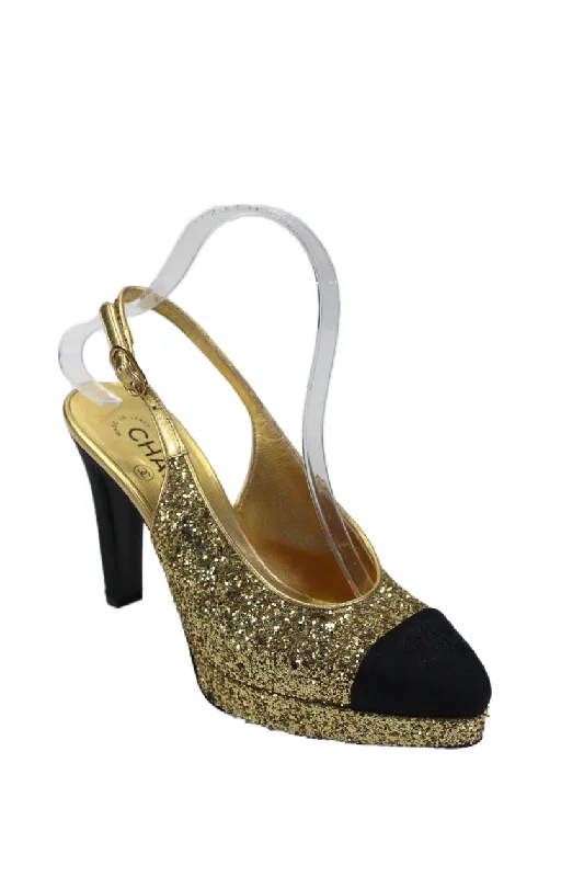 Women's metallic leather stiletto heel pumps with a reflective surfaceChanel Womens Platform CC Cap Toe Glitter Slingback Pumps Gold Tone