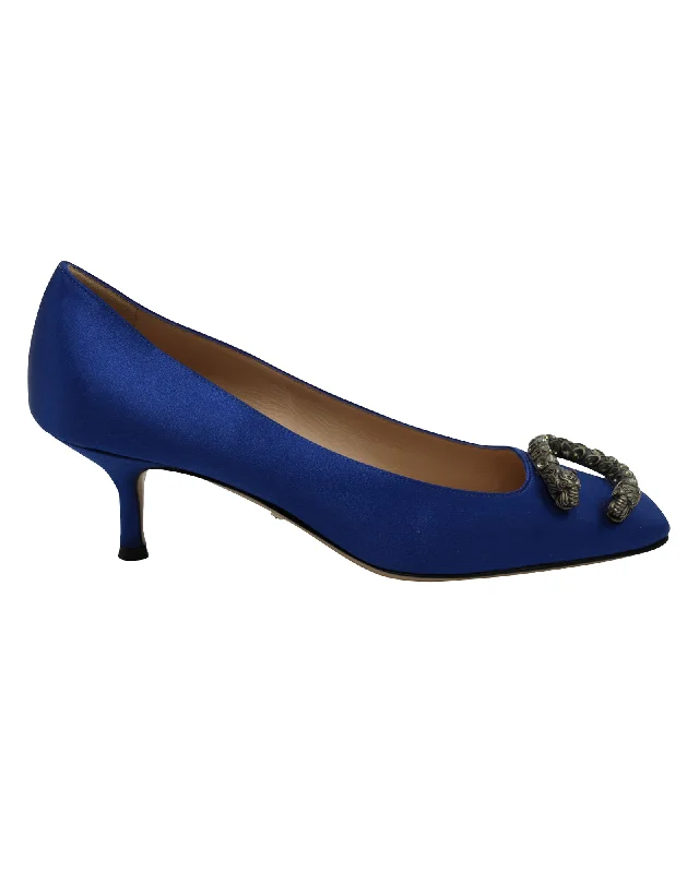 Women's mesh - paneled stiletto heel pumps for breathabilityGucci Dionysus Brooch Heels in Blue Satin