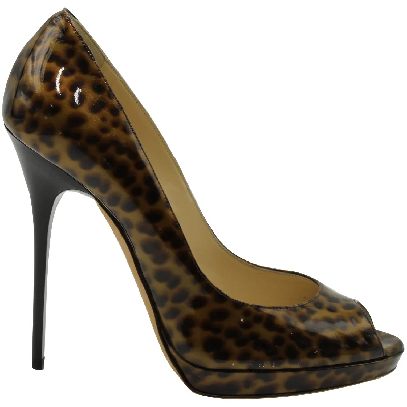 Women's velvet - covered stiletto heel pumps for a luxurious lookJimmy Choo Animal Print Peep Toe Platform Heels in Multicolor Patent Leather