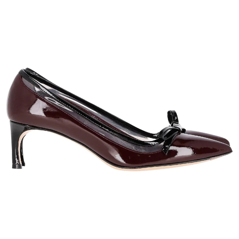 Women's burgundy stiletto heel pumps for a sophisticated appearanceMiu Miu Bow Detail Pumps in Brown Patent Leather