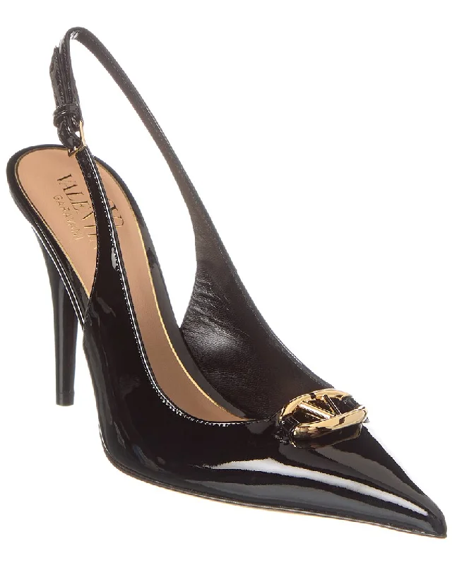 Women's metallic leather stiletto heel pumps with a reflective surfaceValentino VLogo 90 Patent Slingback Pump