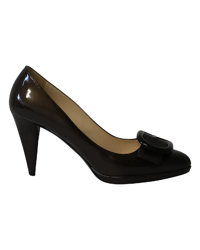 Women's evening gala stiletto heel pumps in a long - lasting colorPrada Buckle Embellished Pumps in Brown Patent Leather