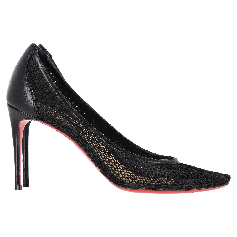 Women's genuine leather stiletto heel pumps with a soft finishChristian Louboutin Filomena 85 Pumps in Black Mesh and Leather