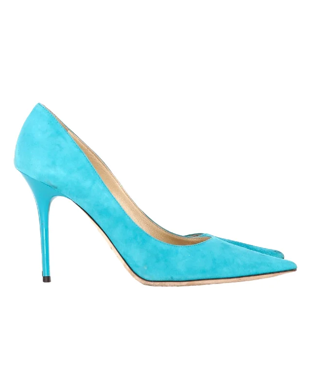 Women's wedding stiletto heel pumps with a pearl - encrusted strapJimmy Choo Pointed-Toe Pumps in Blue Suede