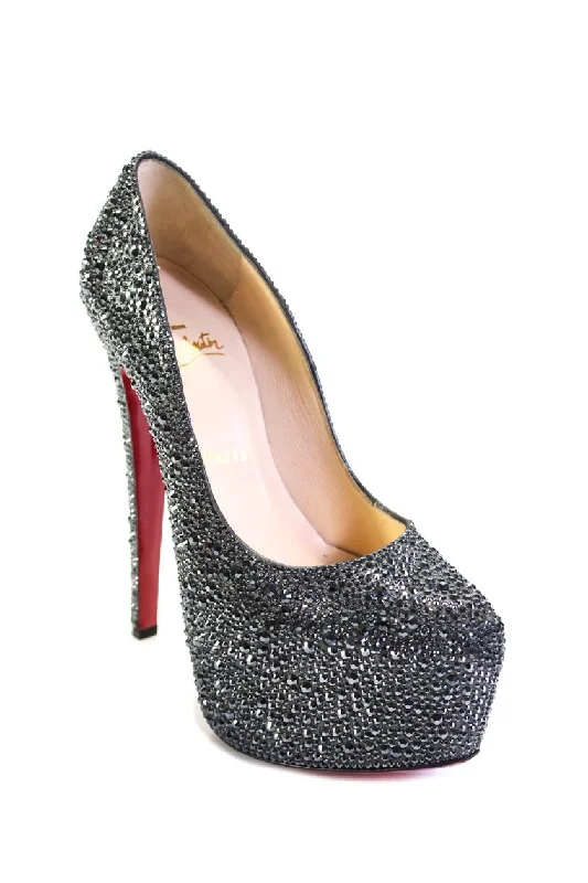 Women's forest green stiletto heel pumps for a nature - inspired lookChristian Louboutin Womens Ultra High Heels Platforms Silver Tone Sequins