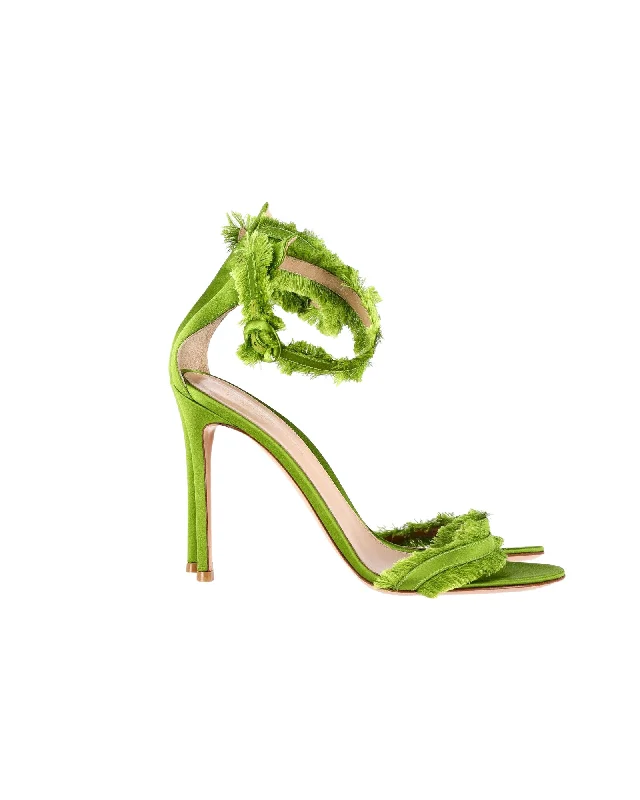 Women's date - night stiletto heel pumps with a sexy silhouetteGianvito Rossi Portofino Fringe-Trimmed Sandals in Green Satin